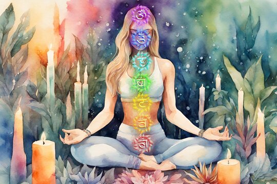 Watercolor artistic image of beautiful woman in yoga pose all shakra colors glow around her she is surrounded by plants candles and crystals