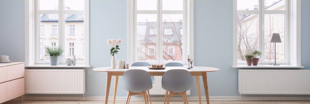 Fototapeta Blue pastel interior with large windows and design furniture in scandinavian style