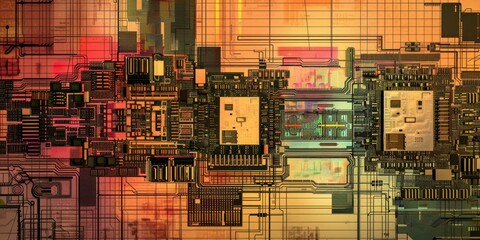 Close-up photo of printed plan of circuit board from graphics processing unit. Structures of Computer Chip processor