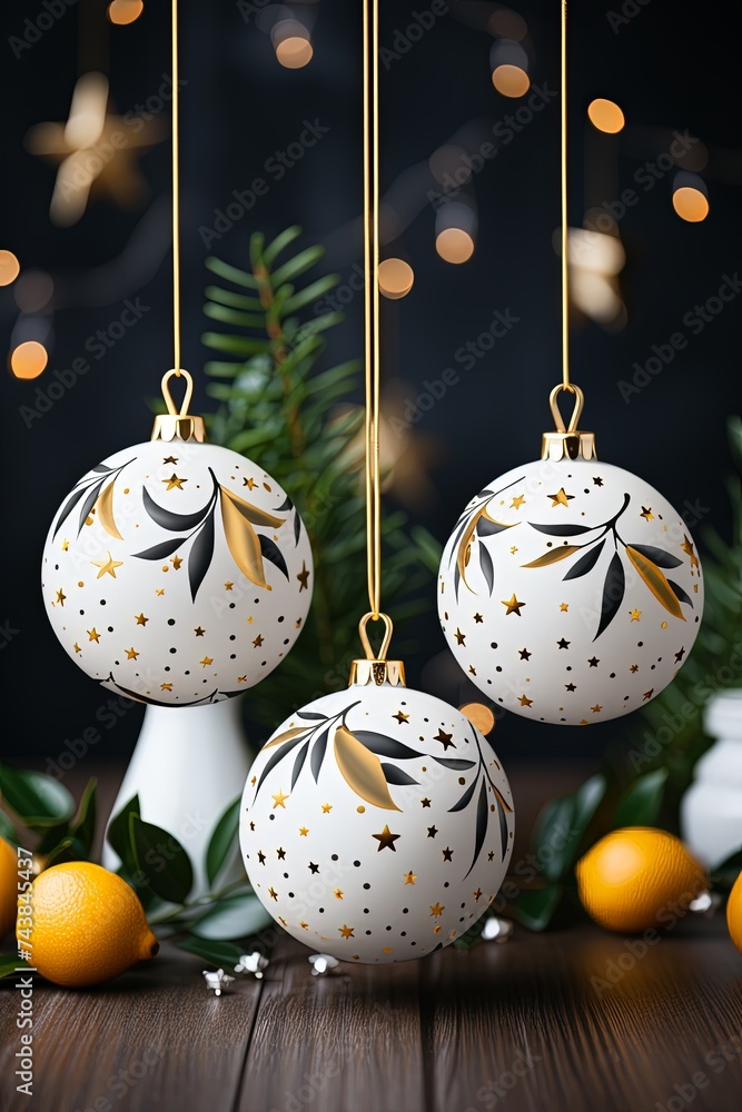 Poster three delicate white and gold ornaments gracefully dangle from a string, catching the light and cast
