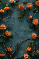 Dark muted blue concrete background wall surface. Intricate creative floral frame with orange roses. Vignette fantasy rose frame. Twigs, branches, leaves, ivy, vines intertwined with lush flowers.