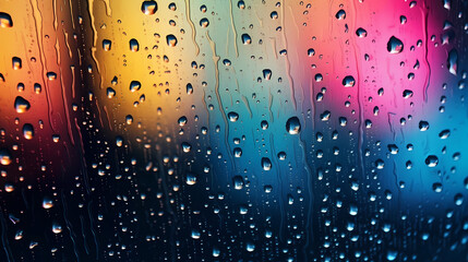 Raindrops on the windowpane with blurry city lights and traffic lights in the background, capturing the essence of a rainy night in the city