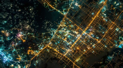 High-resolution satellite image of a bustling urban cityscape at night