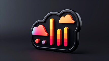 Close-up, 3d minimal cloud icon with infographics chart on dark background