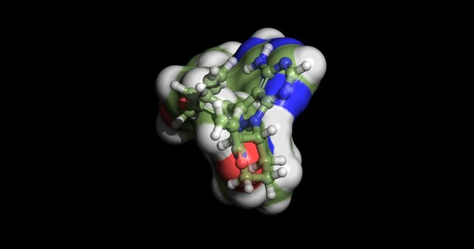 Ibrutinib, anticancer drug against chronic lymphocytic leukemia, mantle cell lymphoma, and Waldenstrom's Macroglobulinemia, 3D molecule spinning on Y-axis, 4K