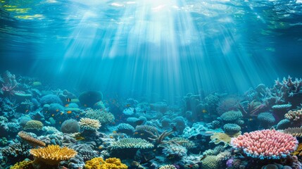 Fototapeta na wymiar Illustration of a vibrant coral reef under the sea with diverse marine life and sunlight filtering through the water