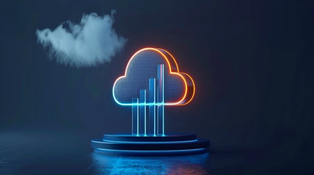 Close-up, 3d minimal cloud icon with infographics chart on dark background