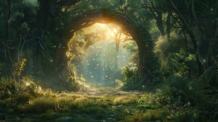 Illustration of an enchanted forest clearing with a magical portal and mystical creatures