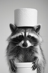 Raccoon with a Toilet Paper Hat in Monochrome
