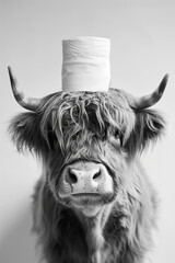 Highland Cow with Toilet Paper Hat in Black and White
