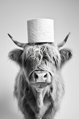 Highland Cow with Toilet Paper Hat in Black and White
