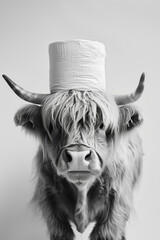 Highland Cow with Toilet Paper Hat in Black and White
