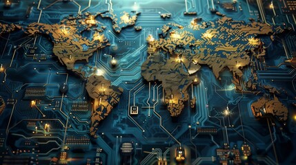 Photo of detailed, three-dimensional map of world in circuit board theme, simulating cities or data points on this futuristic motherboard.