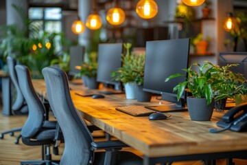 Wooden Table With Computer Monitors and Plants