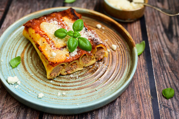 Cannelloni bolognese and parmesan cheese  on a wooden rustic  background.Home made italian meal
