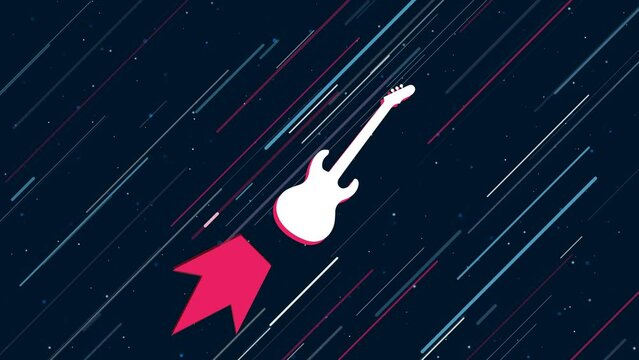 Guitar symbol flies through the universe on a jet propulsion. The symbol in the center is shaking due to high speed. Seamless looped 4k animation on dark blue background with stars