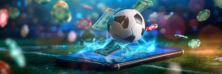 Virtual sports betting on soccer using smartphone, money currency and ball