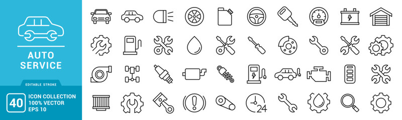 Collection of auto service icons, machine, garage, workshop, vehicle, car, vector icons editable stroke and resizable EPS 10.