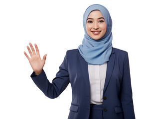 Welcoming Businesswoman in Blue Suit and Hijab Waving, Isolated on White Background