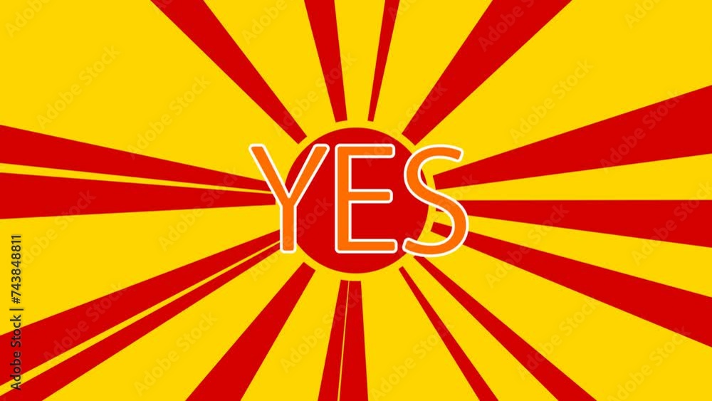 Poster yes symbol on the background of animation from moving rays of the sun. large orange symbol increases