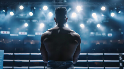 Fototapeta na wymiar Back View of Professional Boxer Fight in Ring 