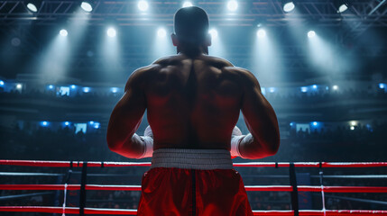 Fototapeta na wymiar Back View of Professional Boxer Fight in Ring 