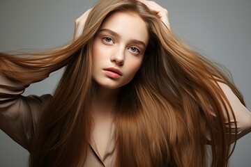 Portrait of a beautiful brunette woman with long wavy hair isolated on grey background.