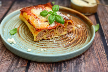 Cannelloni bolognese and parmesan cheese  on a wooden rustic  background.Home made italian meal
