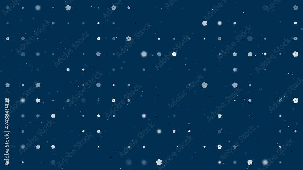 Poster Template animation of evenly spaced geraniums of different sizes and opacity. Animation of transparency and size. Seamless looped 4k animation on dark blue background with stars