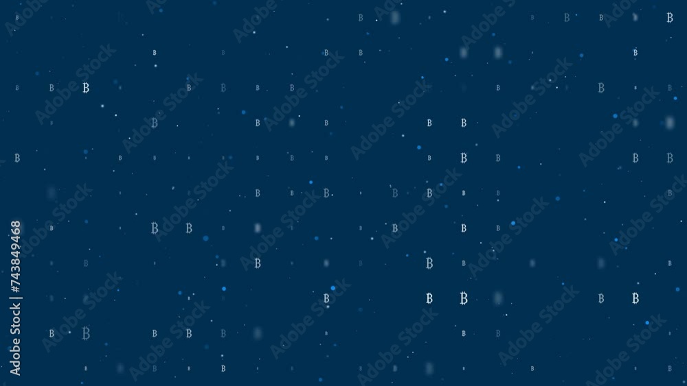 Poster template animation of evenly spaced bitcoin symbols of different sizes and opacity. animation of tra