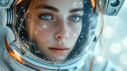 Portrait of a girl astronaut in a spacesuit - obrazy, fototapety, plakaty
