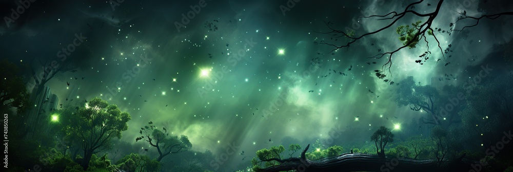 Poster A vibrant painting capturing a dense forest teeming with an abundance of towering trees, creating a mesmerizing and immersive scene