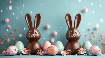 Easter chocolate bunny and easter egg, banner with copy space