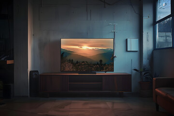 Fototapeta na wymiar a big smart tv in a darkened room.