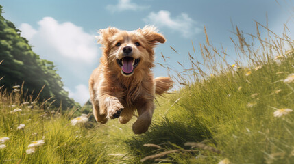 A cute happy dog runs and jumps in the green meadow on a clear sunny day created with Generative AI Technology