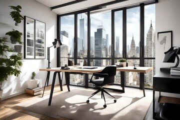 A home office with a simple wooden desk, a sleek, black chair, and a large window showcasing a city view