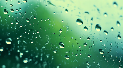 Raindrops on the windowpane with blurry city lights and traffic lights in the background, capturing the essence of a rainy night in the city