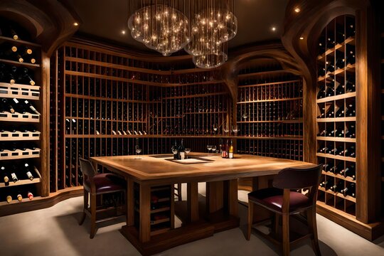 A sophisticated wine cellar with wooden racks, a tasting table, and controlled lighting