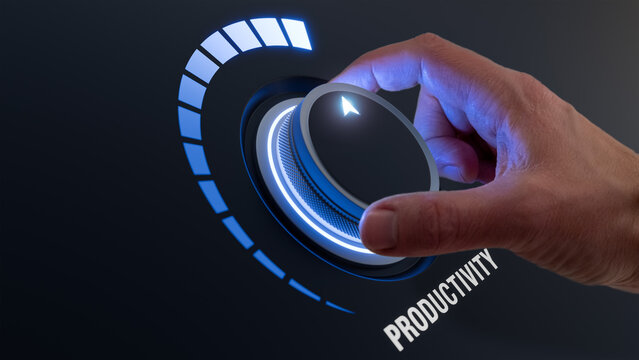 Boost productivity with AI-driven technology, empowering manager for efficient change and strategic decision-making. Person turning knob to improve productivity and efficiency. Digital transformation.