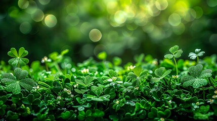Lush Green Clover Shamrock Leaves With Dew Drops Close-Up, Emphasizing Their Freshness