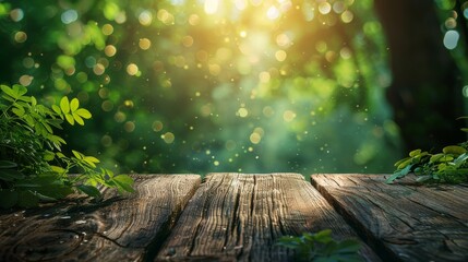 Illuminated by the soft, golden light of the sun, raindrops cast a mesmerizing spectacle on the wooden canvas, their glistening allure juxtaposed against the rustic texture of the surface.