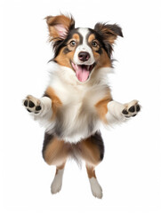 Adorable white brown Australian Shepherd dog puppy jumping pose isolated on white background created with Generative AI Technology
