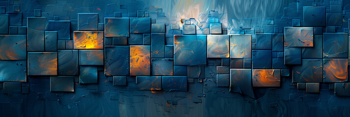 Luminous Harmony: White and Blue Squares in Futuristic Chromatic Waves – A Vivid Abstract Vision with Splashes of Amber