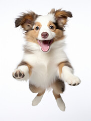 Adorable white brown Australian Shepherd dog puppy jumping pose isolated on white background created with Generative AI Technology