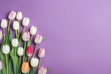 violet tulips on pastel violet background. Greeting card for Women's day. Flat lay. Place for text.