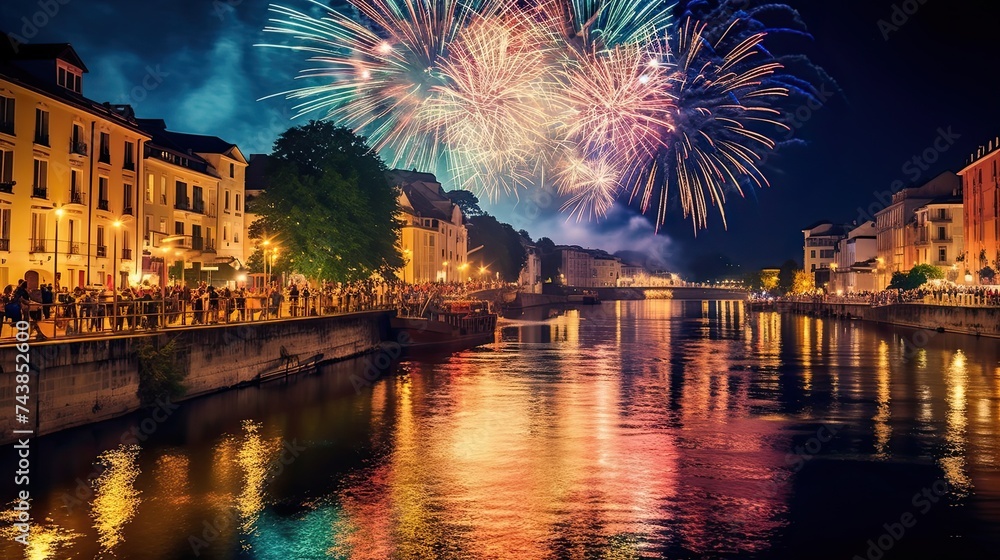 Poster a river illuminated by a vibrant display of colorful fireworks exploding above the water, creating a