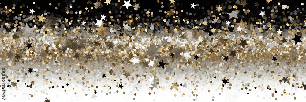 Poster a striking black and white background adorned with shimmering gold stars, creating a magical and enc