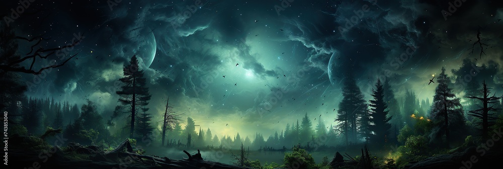 Poster the forest is alive under a moonlit sky, as countless trees stand tall and majestic among the shadow