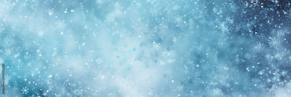 Poster blue and white background with delicate snowflakes gently falling, creating a serene and magical atm