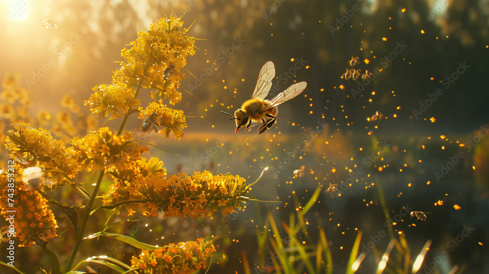 Poster goldenrod attracting pollinators, using cinematic framing to capture the dynamic and lively scenes o